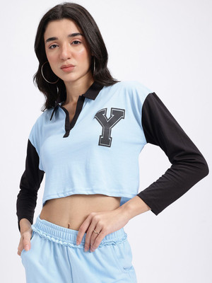 Glitchez Colorblock Women Polo Neck Blue T-Shirt