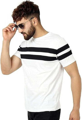 Meetri Colorblock Men Round Neck White T-Shirt
