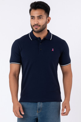 Jacob Louis Solid Men Polo Neck Navy Blue T-Shirt