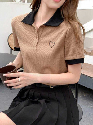 StreetWardrobe Self Design Women Polo Neck Brown, Black T-Shirt
