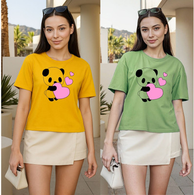 Herway Printed Women Round Neck Yellow, Green T-Shirt