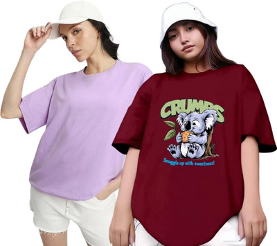 RS FASHION Printed Women Round Neck Purple, Maroon T-Shirt