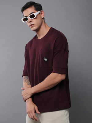 DIFFERENCE OF OPINION Solid Men Round Neck Maroon T-Shirt