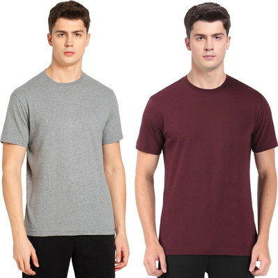 JOCKEY Solid Men Round Neck Grey, Maroon T-Shirt