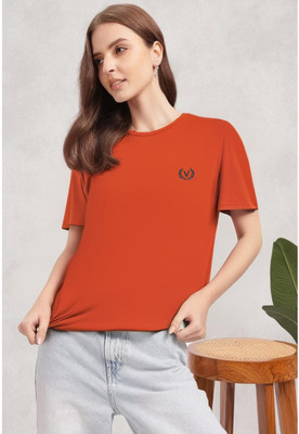 MACK JONNEY Printed, Solid Women Round Neck Orange T-Shirt