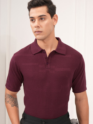 HIGHLANDER Self Design Men Polo Neck Brown T-Shirt