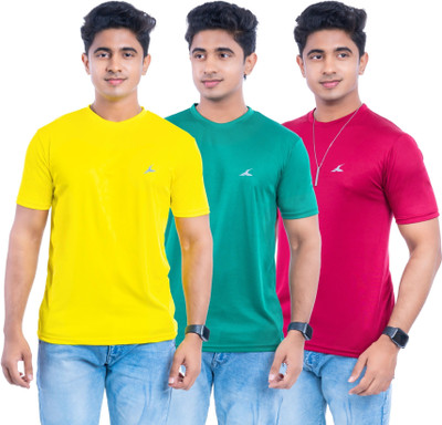 Fashion Territory Solid Men Round Neck Yellow, Green, Maroon T-Shirt