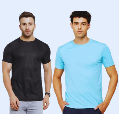 ZubyDuby Solid Men Round Neck Black, Light Blue T-Shirt