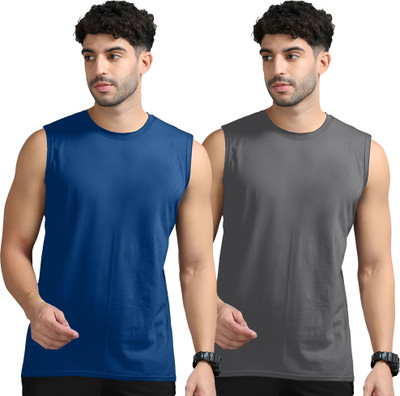 JB Jangoboy Solid Men Round Neck Dark Blue, Grey T-Shirt