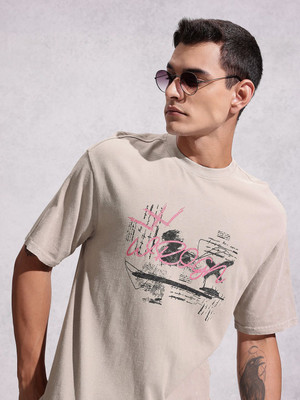 WROGN Printed Men Round Neck Beige T-Shirt