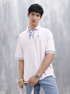 WROGN Self Design Men Polo Neck Pink T-Shirt