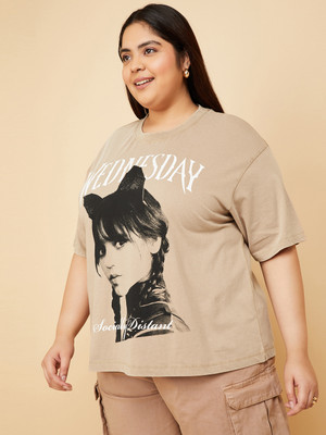 MAX Printed Women Round Neck Beige T-Shirt