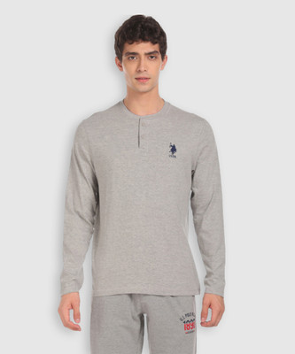 U.S. POLO ASSN. Solid Men Henley Neck Grey T-Shirt