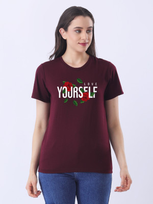 Ns Fashion Printed Women Round Neck Maroon T-Shirt