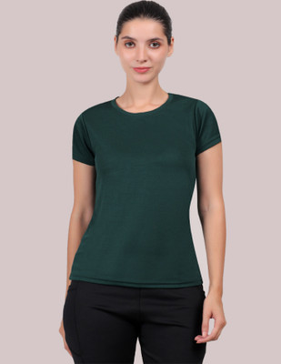 HNA Solid Women Round Neck Green T-Shirt