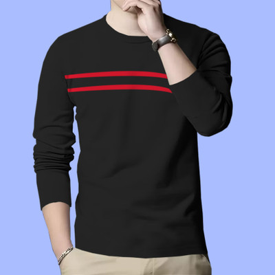 SCOWET Striped Men Round Neck Black T-Shirt