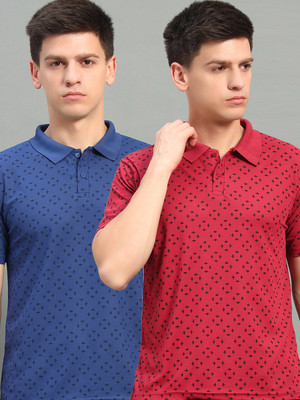 THE CASUALS Printed Men Polo Neck Red, Blue T-Shirt