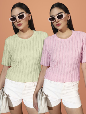 SOMVATI Self Design Women Round Neck Yellow T-Shirt