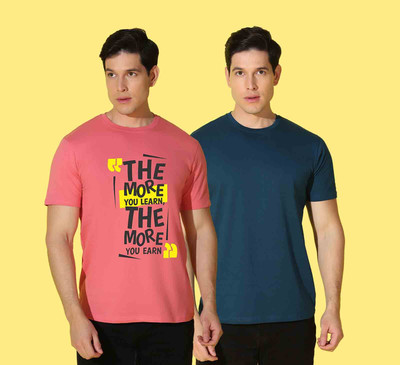 WOOSTRO Printed, Solid Men Crew Neck Pink, Blue T-Shirt