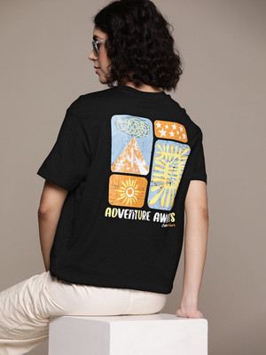 Roadster Printed Women Round Neck Black T-Shirt