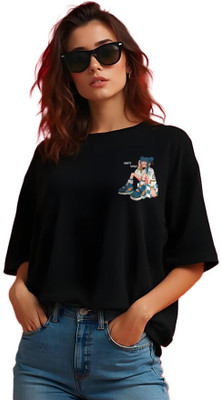 Knite wolf Graphic Print Women Round Neck Black T-Shirt