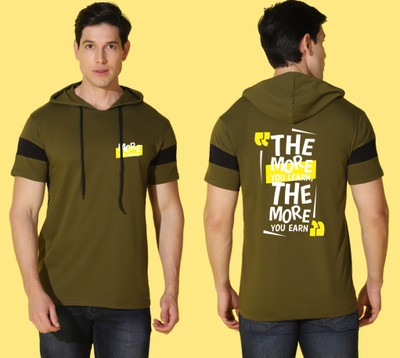 WOOSTRO Printed Men Hooded Neck Dark Green T-Shirt