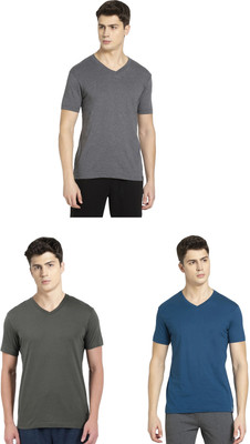 JOCKEY Solid Men V Neck Grey, Dark Green, Blue T-Shirt