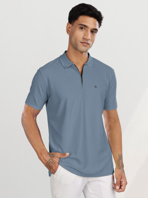 Bullmer Solid Men Polo Neck Grey T-Shirt