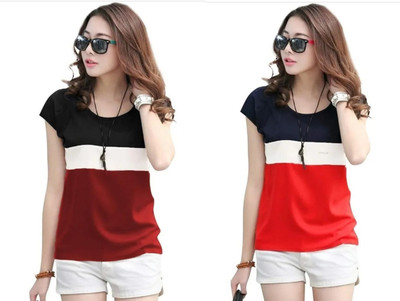Marvent Dk Women Tshirt Colorblock Women Round Neck Multicolor T-Shirt