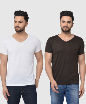 Tresna Fab Solid Men V Neck White, Brown T-Shirt
