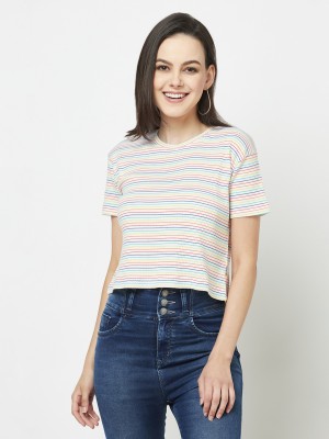 CRIMSOUNE CLUB Striped Women Round Neck White T-Shirt