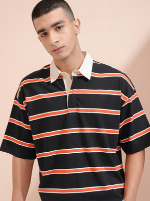 HIGHLANDER Striped Men Polo Neck Black T-Shirt