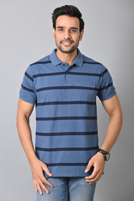 Arbour Striped Men Polo Neck Dark Blue T-Shirt