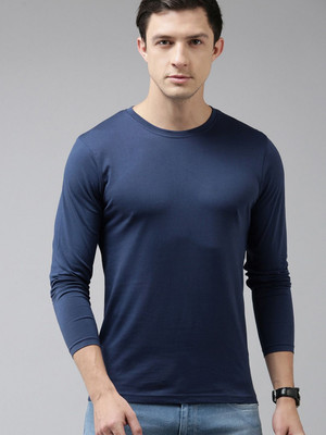 RULEDBYSUN Solid Men Round Neck Navy Blue T-Shirt