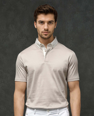 RARE RABBIT Solid Men Polo Neck Beige T-Shirt