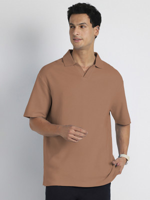 NOBERO Self Design, Solid Men Polo Neck Brown T-Shirt