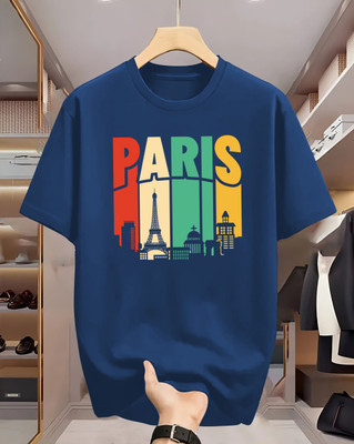 Beaumen Geometric Print Men Round Neck Navy Blue T-Shirt
