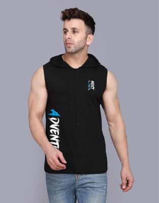 TEEFOX Typography Men Hooded Neck Black T-Shirt