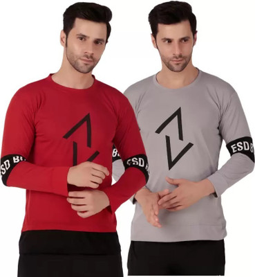 SYM Printed Men Round Neck Grey, Red T-Shirt