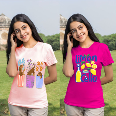 Kintu Parantu Printed Women Round Neck Pink T-Shirt