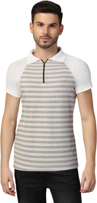 GEUM Striped Men Zip Neck Grey T-Shirt
