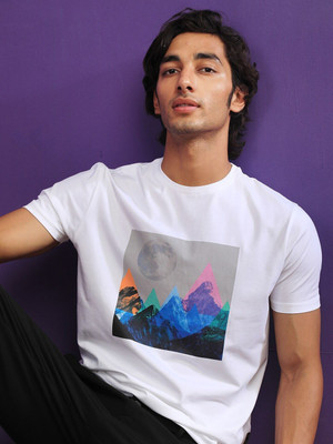 RARE RABBIT Printed Men Round Neck White T-Shirt