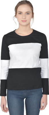 tfurnish Self Design Women Round Neck White, Black T-Shirt