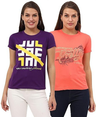 FEDAMSEL Printed, Typography Women Round Neck Purple, Maroon T-Shirt