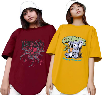 Xsware Printed Women Round Neck Maroon, Yellow T-Shirt