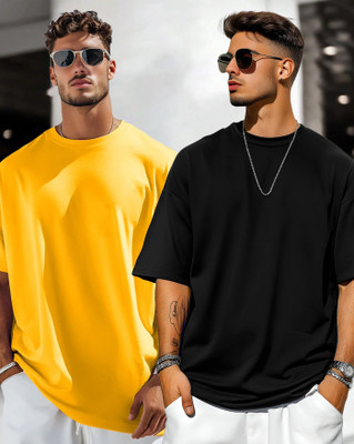 AUSK Solid Men Round Neck Yellow, Black T-Shirt
