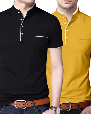 AUSK Solid Men Mandarin Collar Yellow, Black T-Shirt