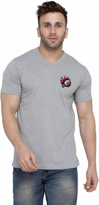 GEUM Solid Men V Neck Silver T-Shirt