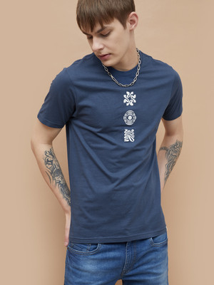 Forca by Lifestyle Printed Men Round Neck Blue T-Shirt