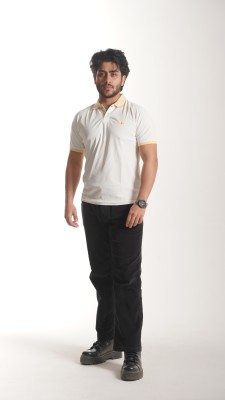 BHF Striped Men Polo Neck White, Yellow T-Shirt